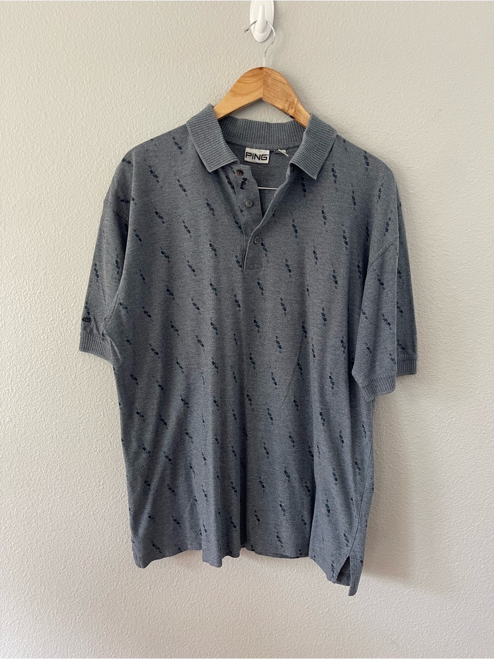 PING Vintage Polo Shirt Textured Pattern Grey Mercerized Combed Cotton Size L